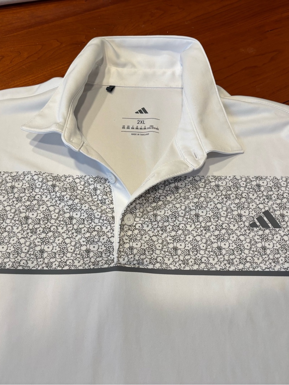 adidas White Polo with Gray Floral Chest Stripe
